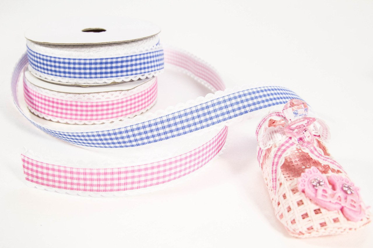 25 yds, 7/8"- Gingham Ribbon With White Loops Edges