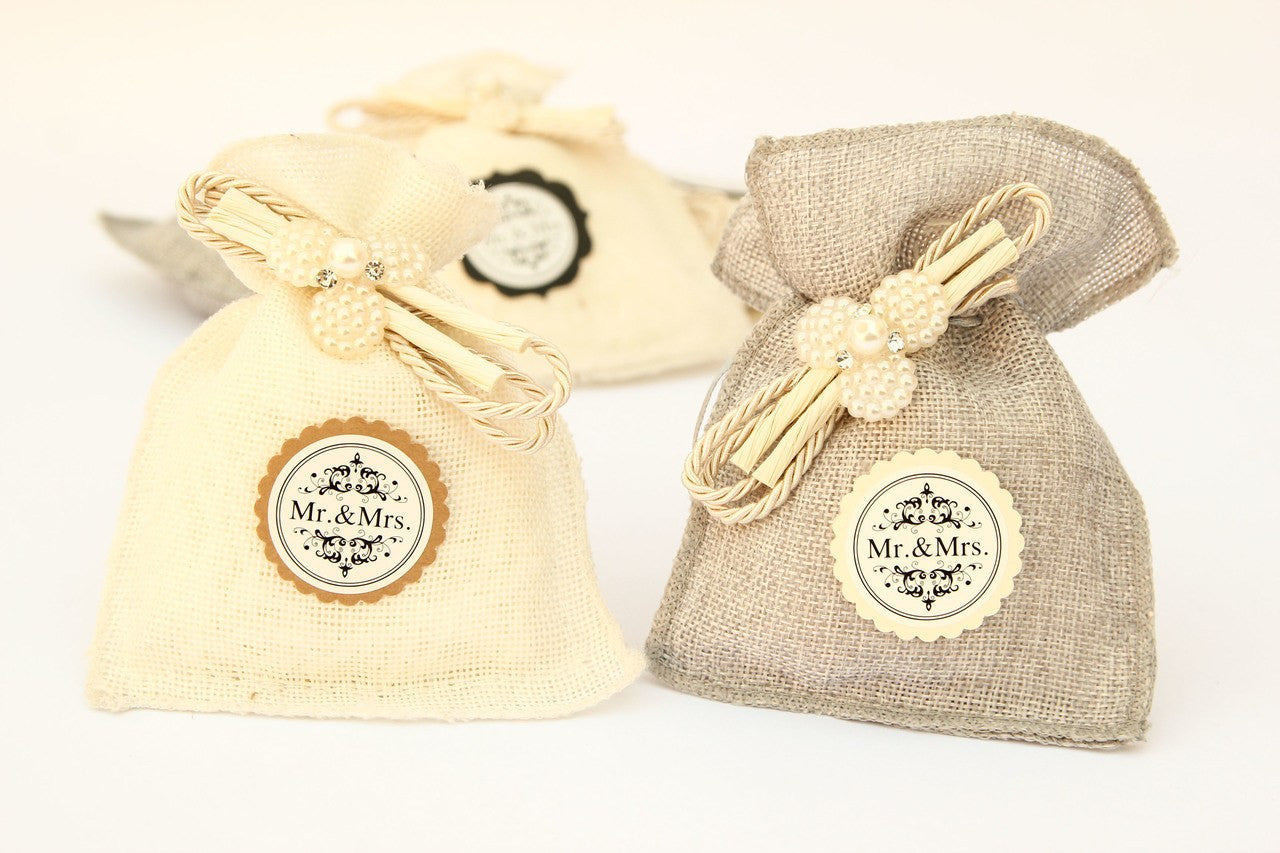 1 pc-"Mr & Mrs" Victorian Twine & Pearl Embellishment Burlap Pouches (Pre-made)