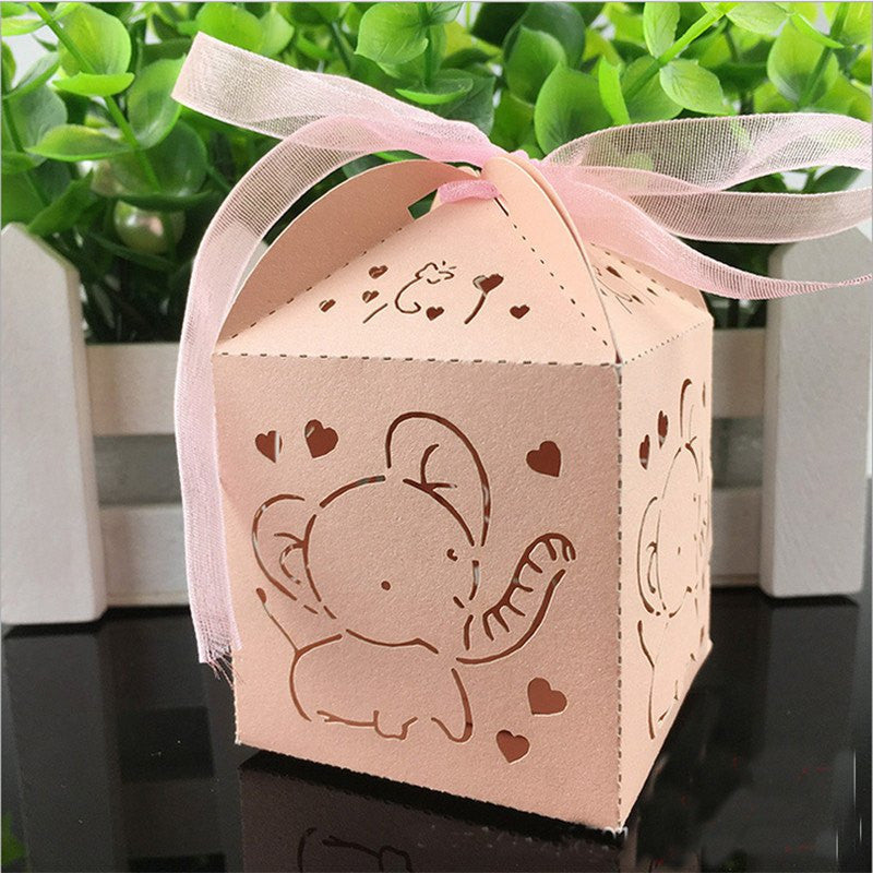 Elephant Baby Shower Laser Cut Favors Box  With Ribbon 3 Colors (10 pieces) - Americasfavors