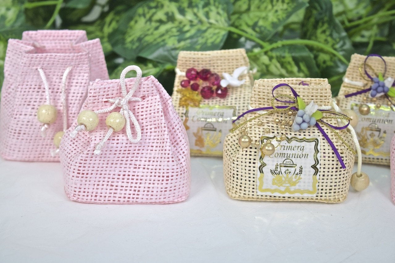 12 pcs-Small Drawstring w/ Wooden Ball Favor Bags Pink