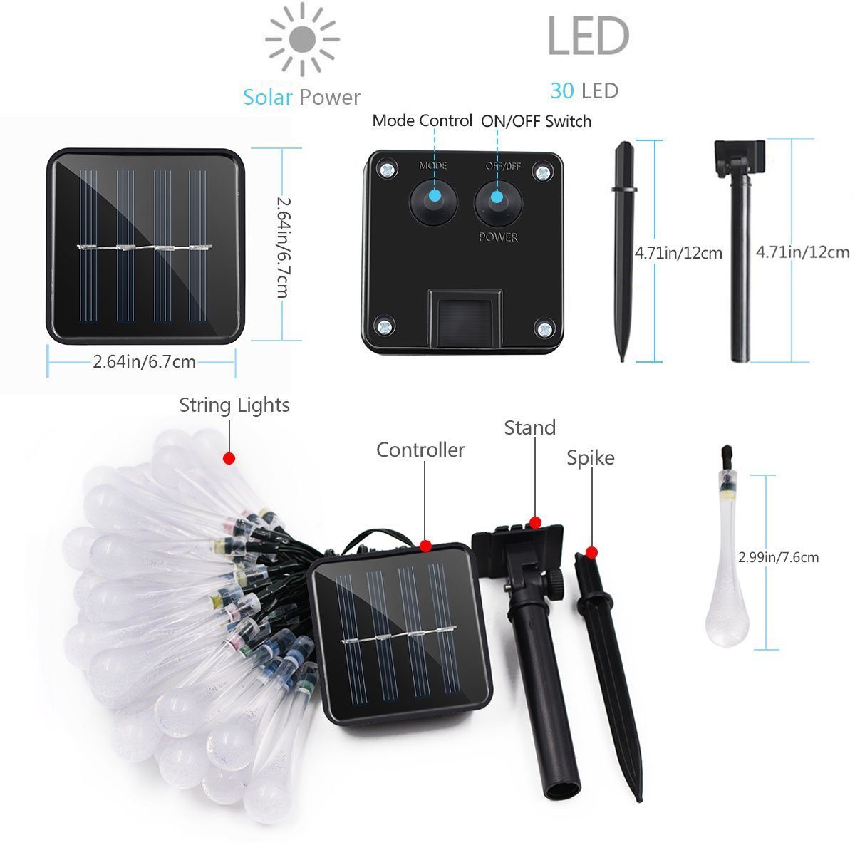 LED Solar Powered String Water Droplets Lights Outdoor Decoration (30 LED with 8 Modes)