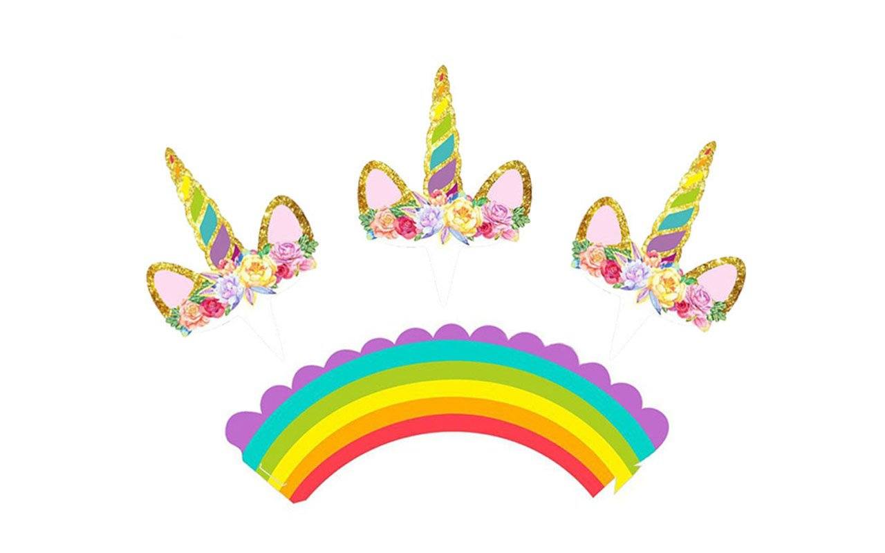 Unicorn Cupcake Toppers and Wrappers Double Sided (Unicorn/Rainbow) (12 pcs)