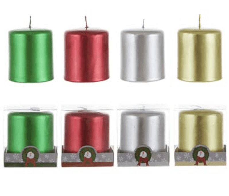 Christmas 3" Short Flat Top Unscented Candles Red, White, Green or Silver (3 pieces)