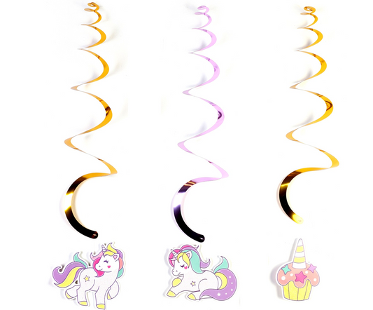 Glittered Unicorn Swirl Hanging Decorations Gold/Lavender (6 pcs)