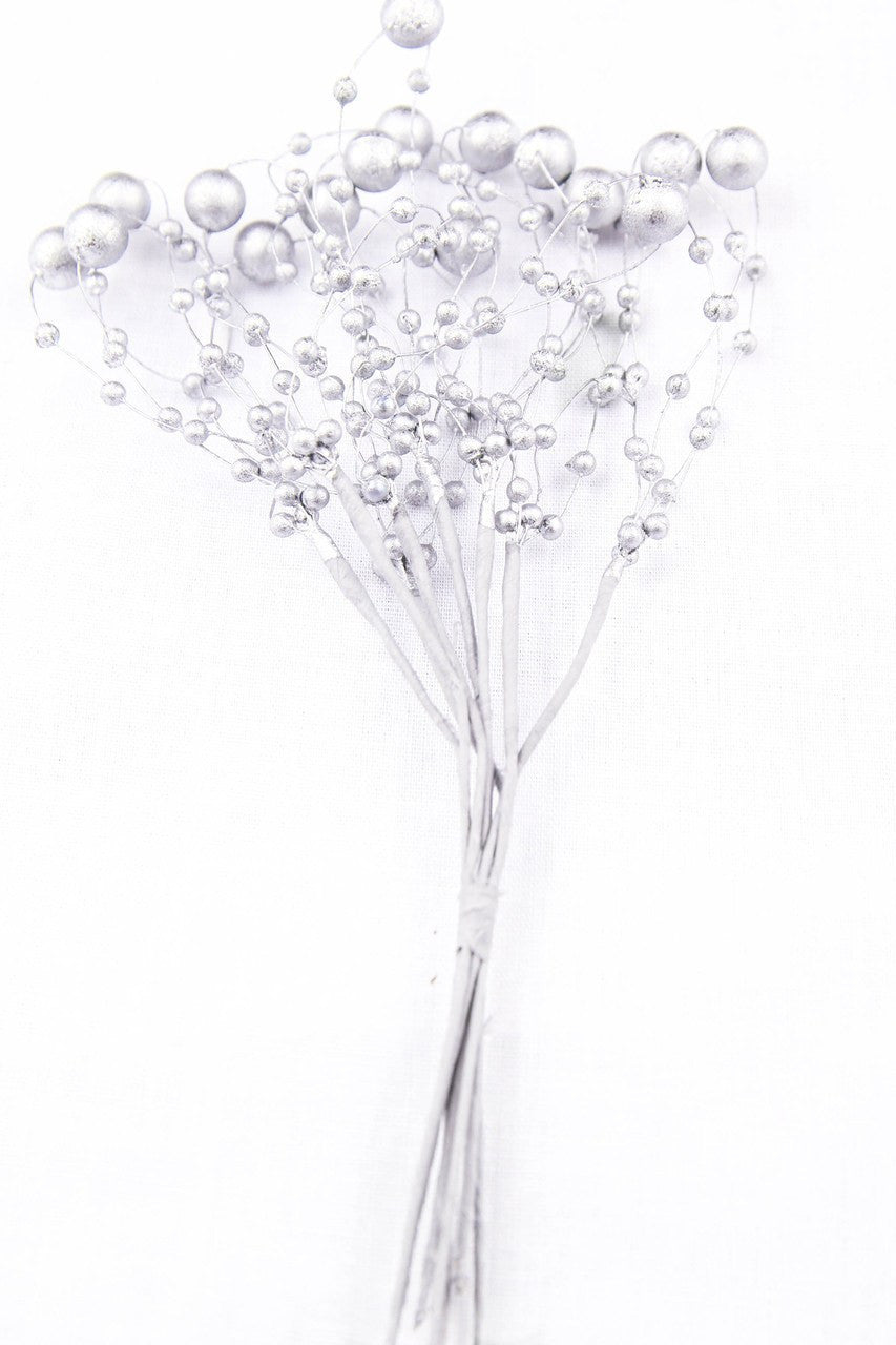 6pcs-Silver Pearl w/ metal wire stem