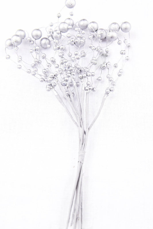 6pcs-Silver Pearl w/ metal wire stem