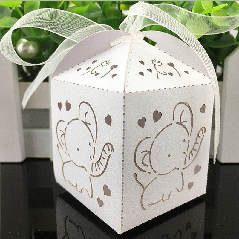 Elephant Baby Shower Laser Cut Favors Box  With Ribbon 3 Colors (10 pieces) - Americasfavors