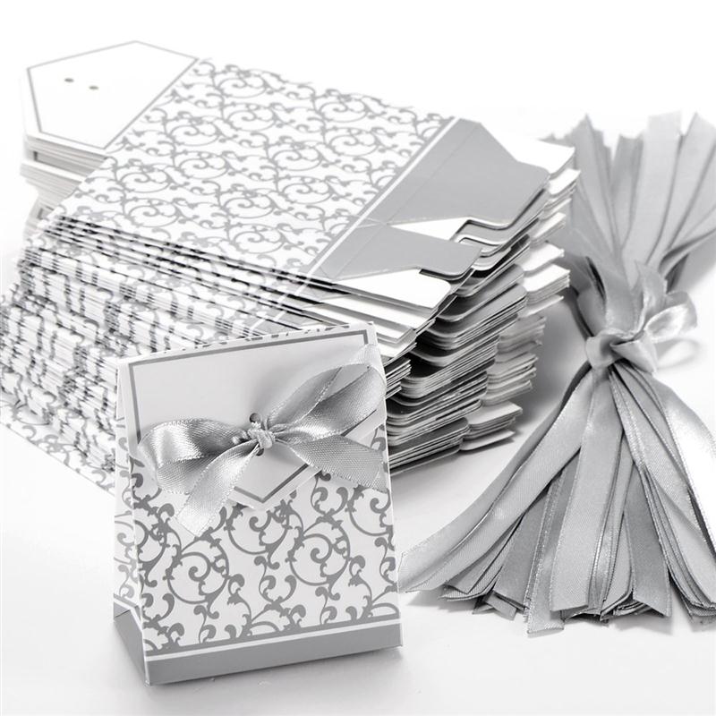 Silver Wedding Favor Envelope Bag with Ribbon (50 Pcs)