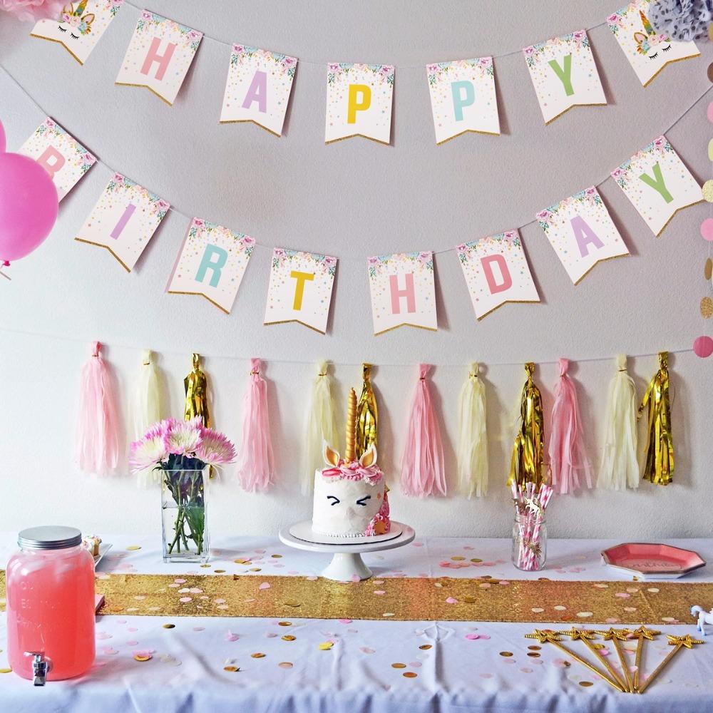 Pastel Unicorn Happy Birthday Flag Banner with Gold Glitter Tips