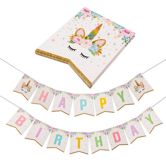 Pastel Unicorn Happy Birthday Flag Banner with Gold Glitter Tips