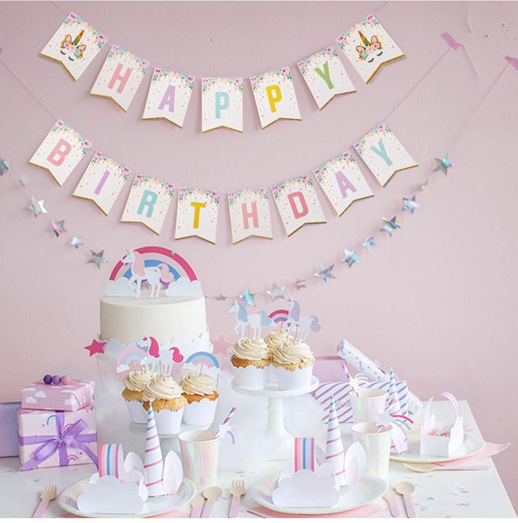 Pastel Unicorn Happy Birthday Flag Banner with Gold Glitter Tips