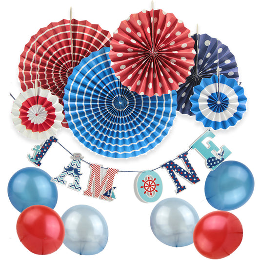 11 Nautical Party Decoration Kit with I AM ONE Banner Balloons, PaperFans